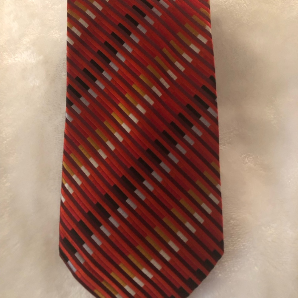 Valentino Red Diagonal Stripe Silk Tie with Black, White & Gold Accents